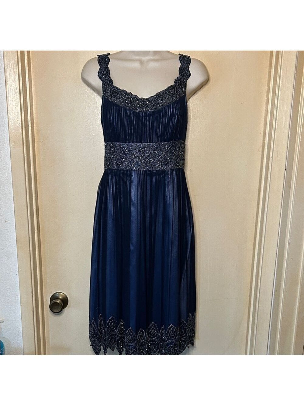 Adrianna Papell Evening Midnight Blue Beaded Peacock Formal Dress size 8